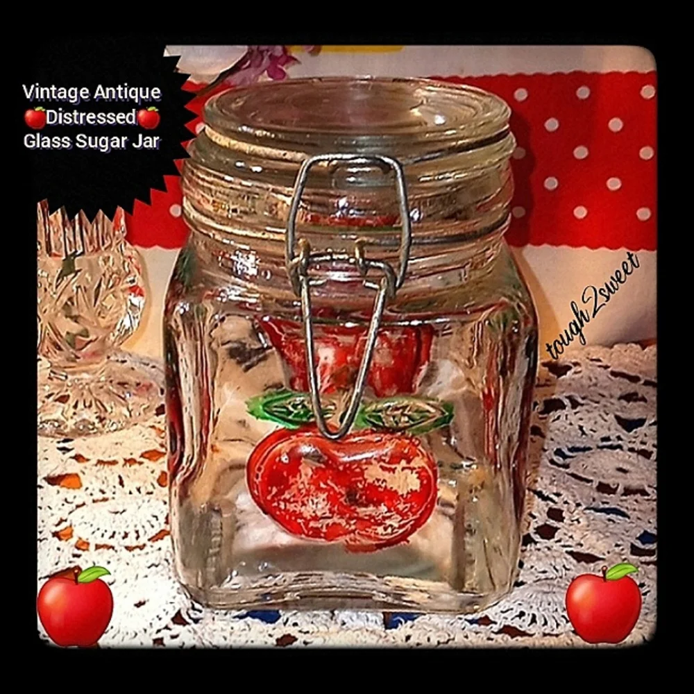 VINTAGE RETRO GLASS 4 SIDED HAND PAINTED DISTRESSED SQUARE APPLE SUGAR JAR